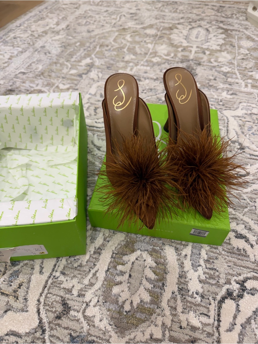 Sam Edelman Cognac Brown Feather Pom Mules